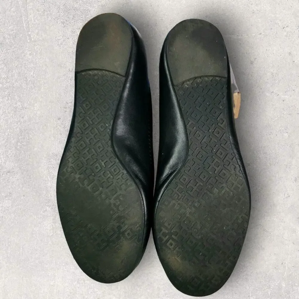 Tory Burch Womens Black Leather Ballet Flats Shoes 5.5 Slip On Gold Logo Travel